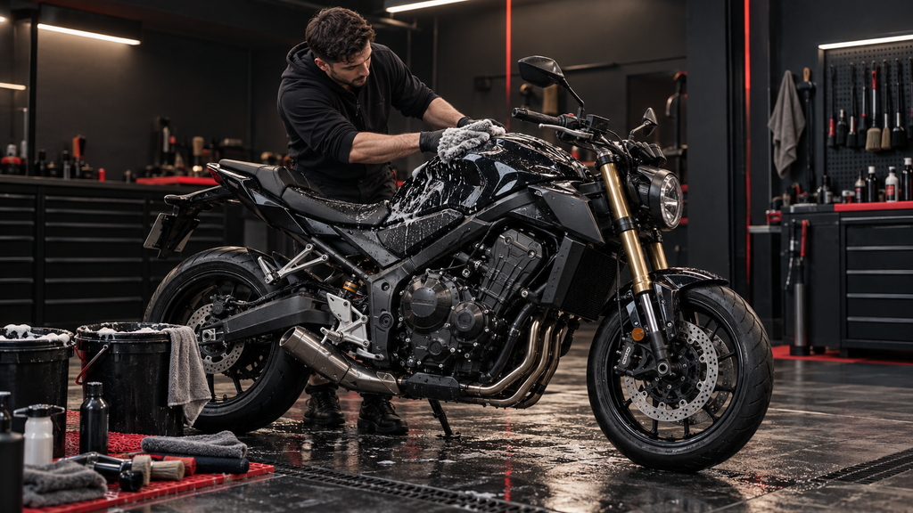Professional detailer hand-washing a black motorcycle with a microfiber mitt inside a dark automotive detailing studio.